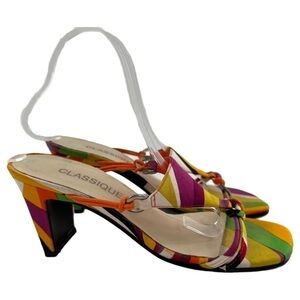 Classique heels size 7 multicolored satin psychedelic slides vintage 80s 90s